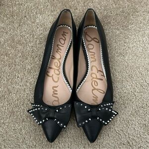 Sam Edelman black leather point flats with spike bows